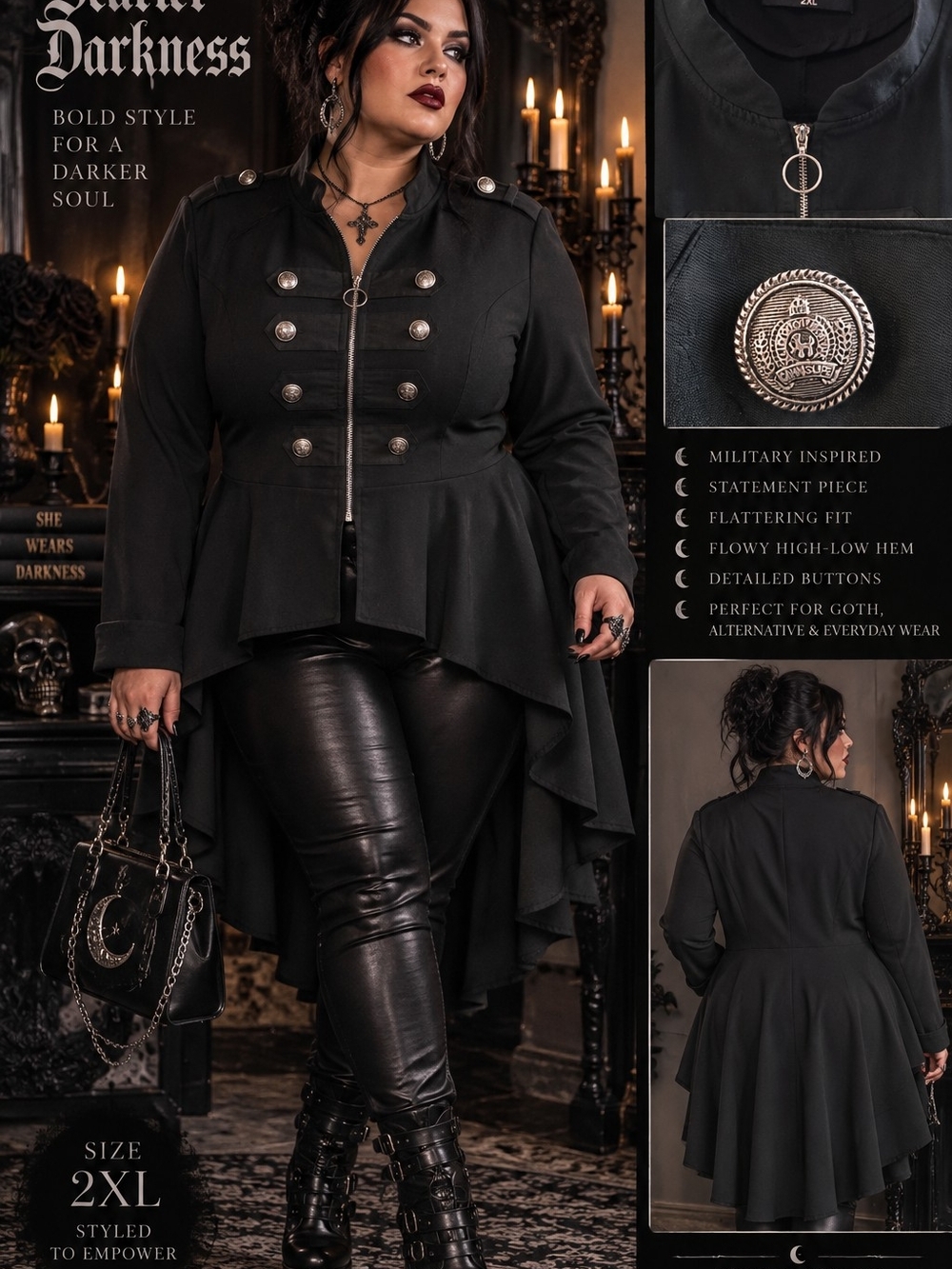 Gothic Military-Inspired Black Jacket - 2XL